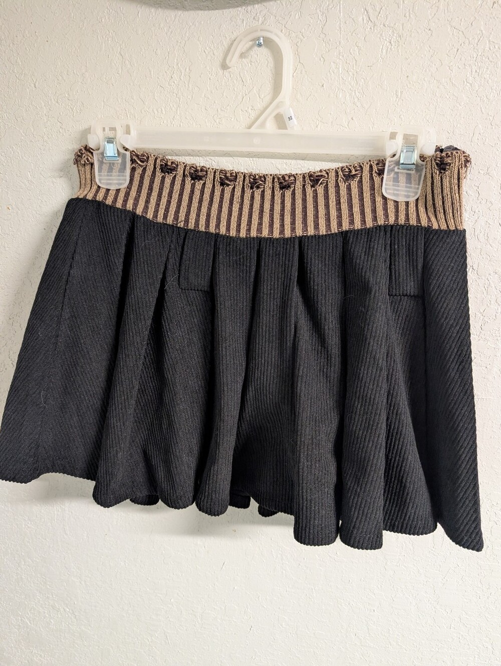 Ribbed Skort Skirt M Tan Black Grunge Punk Rave Distressed Stretch Festival Boho